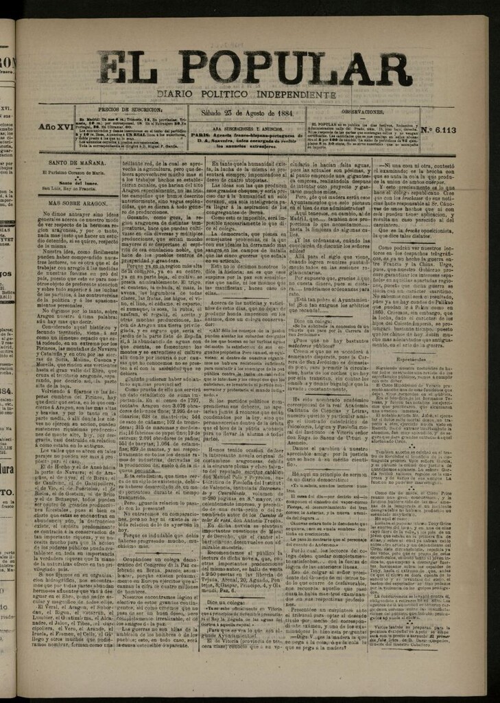 Miniatura de El Popular: diario independiente, político, literario y de noticias de interés general del 23 de agosto de 1884, nº 6113