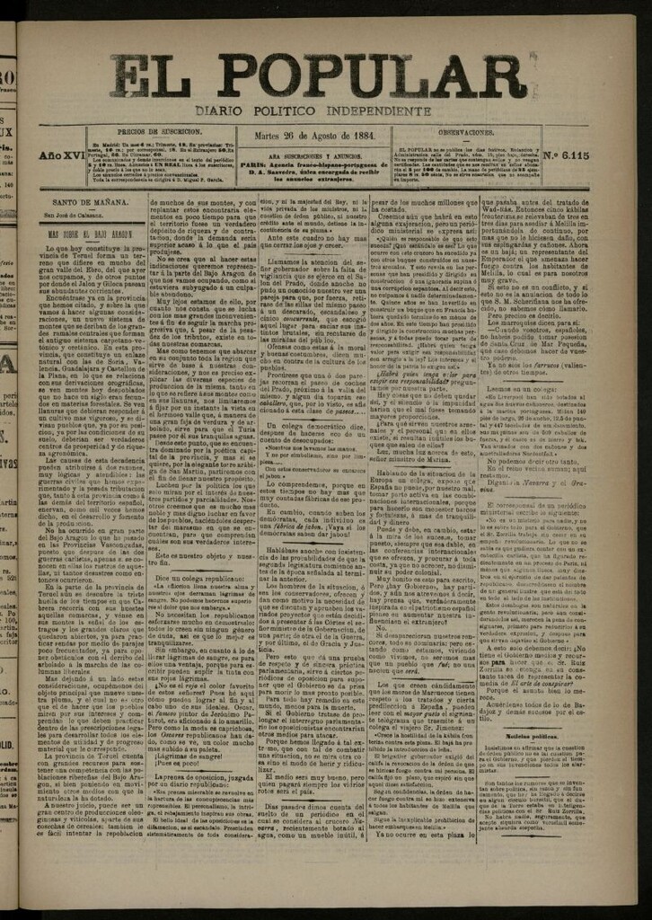 Miniatura de El Popular: diario independiente, político, literario y de noticias de interés general del 26 de agosto de 1884, nº 6115