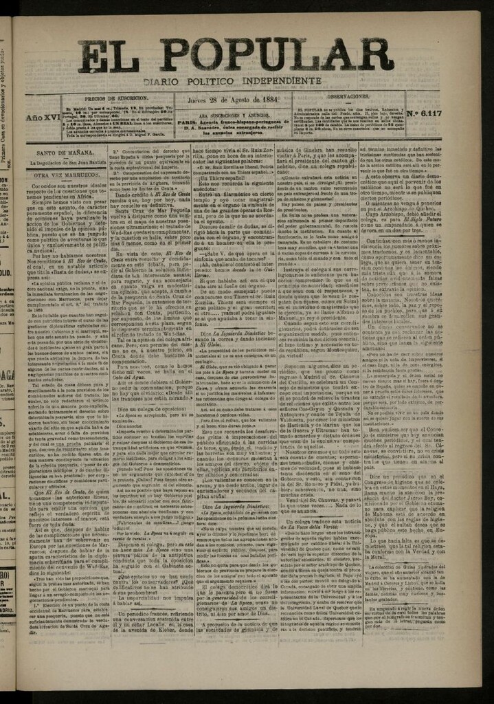 Miniatura de El Popular: diario independiente, político, literario y de noticias de interés general del 28 de agosto de 1884, nº 6117