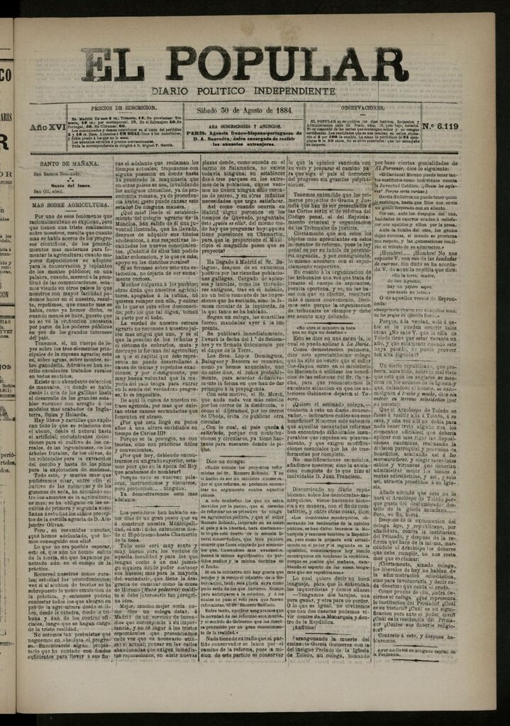 Miniatura de El Popular: diario independiente, político, literario y de noticias de interés general del 30 de agosto de 1884, nº 6119