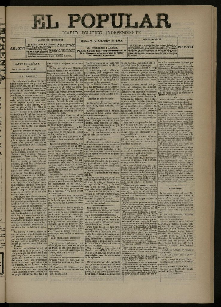 Miniatura de El Popular: diario independiente, político, literario y de noticias de interés general del 2 de septiembre de 1884, nº 6121