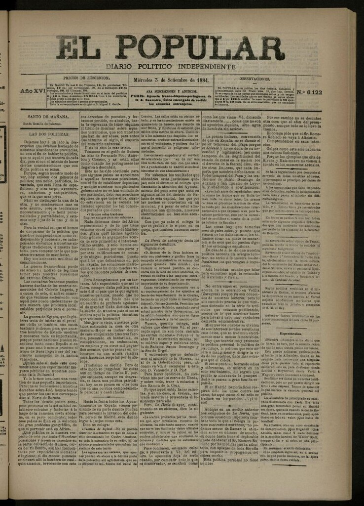 Miniatura de El Popular: diario independiente, político, literario y de noticias de interés general del 3 de septiembre de 1884, nº 6122