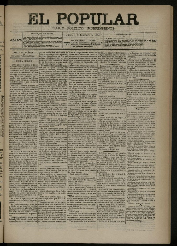Miniatura de El Popular: diario independiente, político, literario y de noticias de interés general del 4 de septiembre de 1884, nº 6123