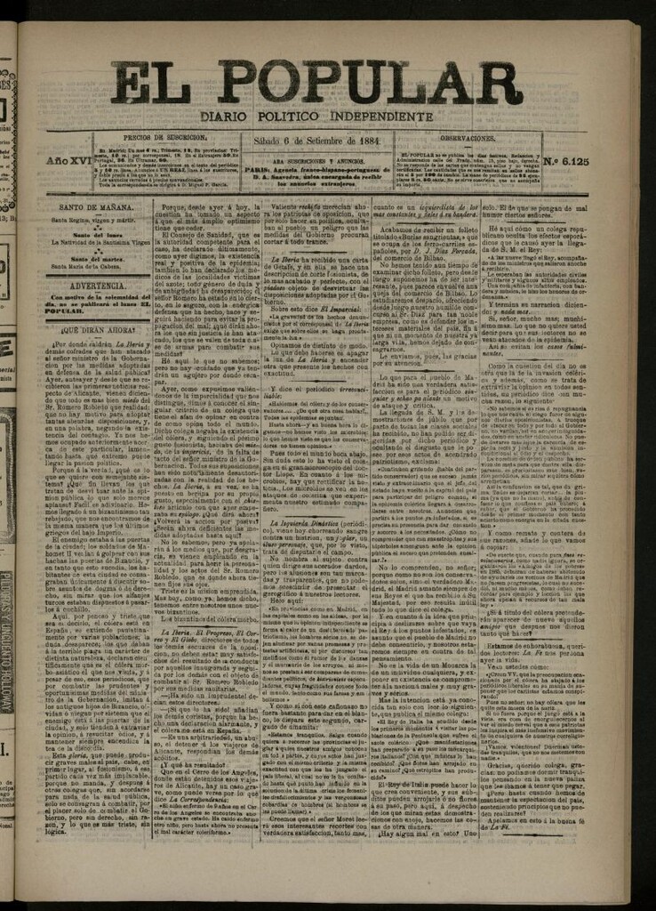 Miniatura de El Popular: diario independiente, político, literario y de noticias de interés general del 6 de septiembre de 1884, nº 6125