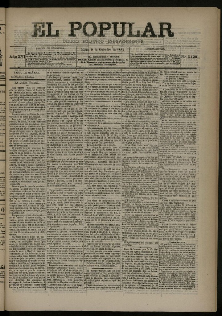 Miniatura de El Popular: diario independiente, político, literario y de noticias de interés general del 9 de septiembre de 1884, nº 6126