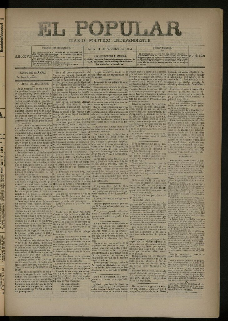 Miniatura de El Popular: diario independiente, político, literario y de noticias de interés general del 11 de septiembre de 1884, nº 6128
