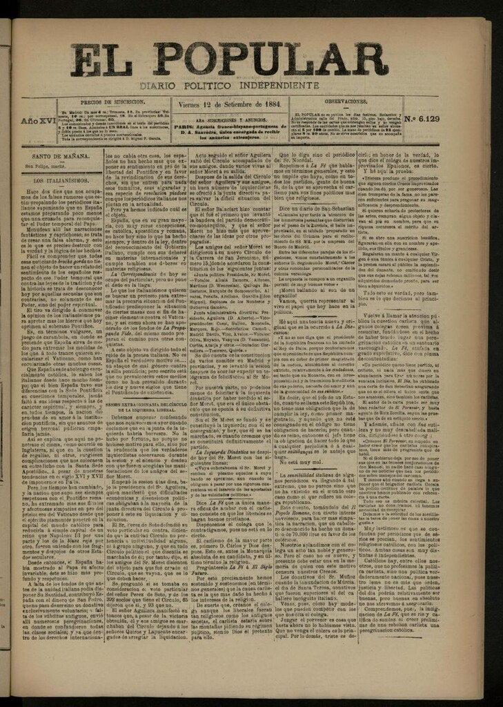 Miniatura de El Popular: diario independiente, político, literario y de noticias de interés general del 12 de septiembre de 1884, nº 6129