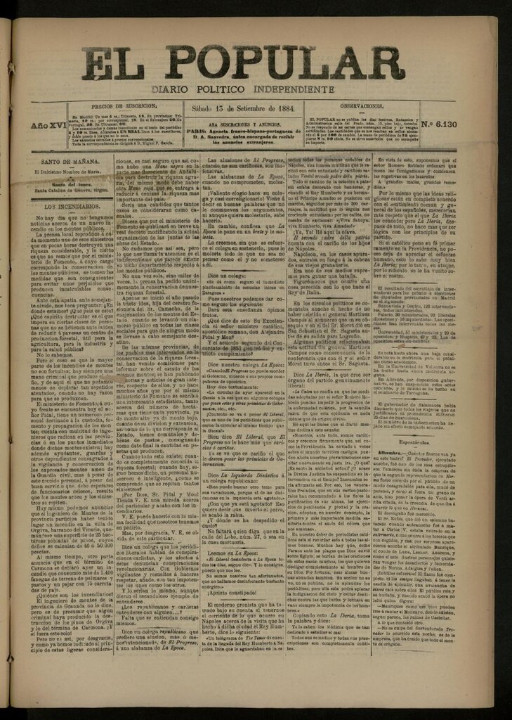 Miniatura de El Popular: diario independiente, político, literario y de noticias de interés general del 13 de septiembre de 1884, nº 6130