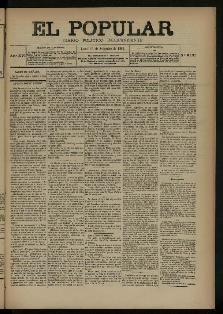 Miniatura de El Popular: diario independiente, político, literario y de noticias de interés general del 15 de septiembre de 1884, nº 6131
