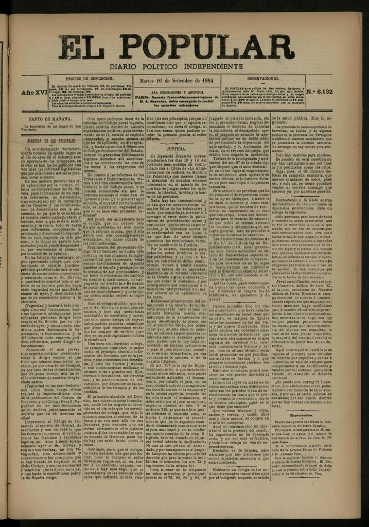 Miniatura de El Popular: diario independiente, político, literario y de noticias de interés general del 16 de septiembre de 1884, nº 6132