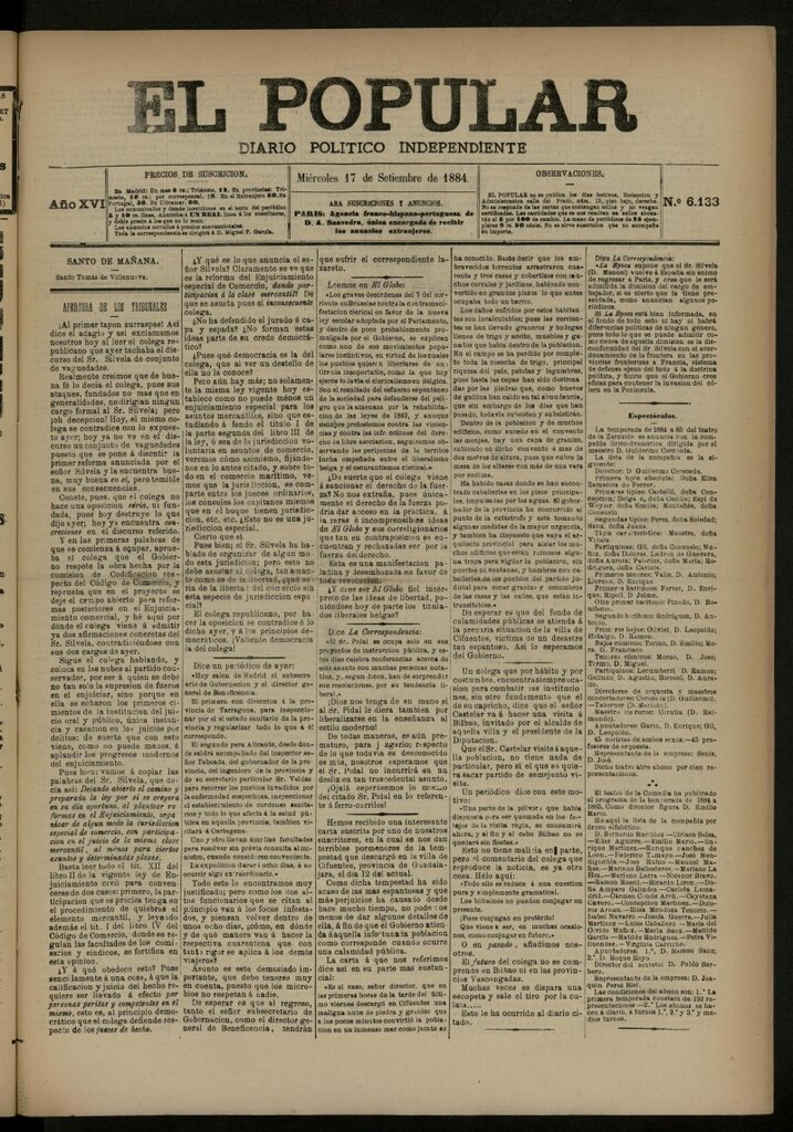 Miniatura de El Popular: diario independiente, político, literario y de noticias de interés general del 17 de septiembre de 1884, nº 6133