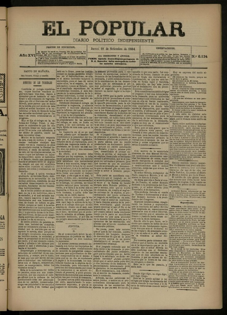 Miniatura de El Popular: diario independiente, político, literario y de noticias de interés general del 18 de septiembre de 1884, nº 6134