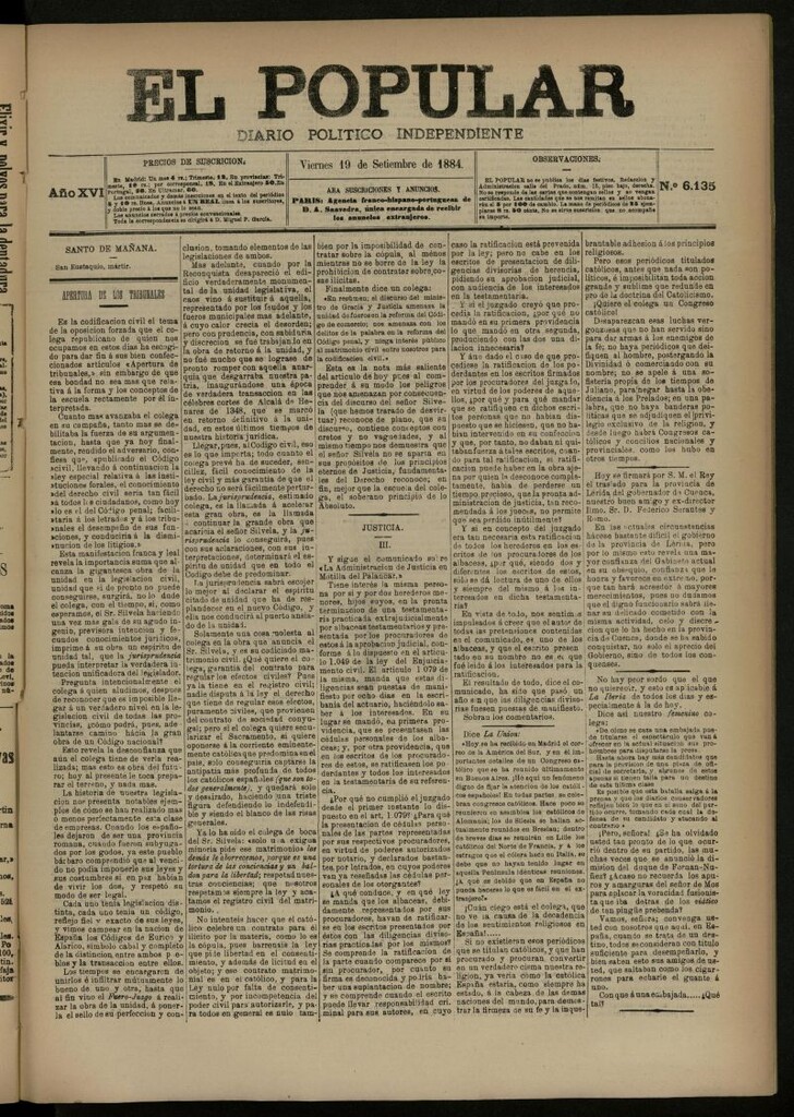 Miniatura de El Popular: diario independiente, político, literario y de noticias de interés general del 19 de septiembre de 1884, nº 6135