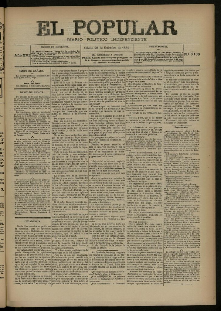 Miniatura de El Popular: diario independiente, político, literario y de noticias de interés general del 20 de septiembre de 1884, nº 6136
