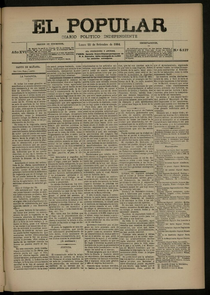 Miniatura de El Popular: diario independiente, político, literario y de noticias de interés general del 22 de septiembre de 1884, nº 6137