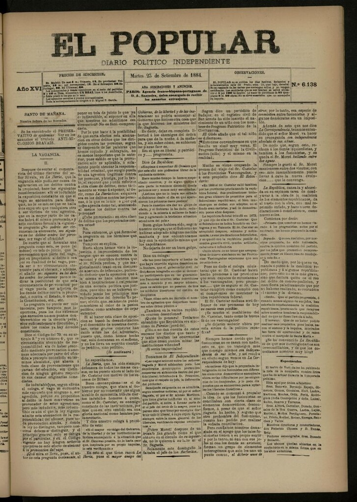 Miniatura de El Popular: diario independiente, político, literario y de noticias de interés general del 23 de septiembre de 1884, nº 6138