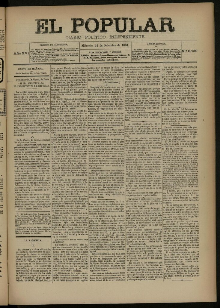 Miniatura de El Popular: diario independiente, político, literario y de noticias de interés general del 24 de septiembre de 1884, nº 6139