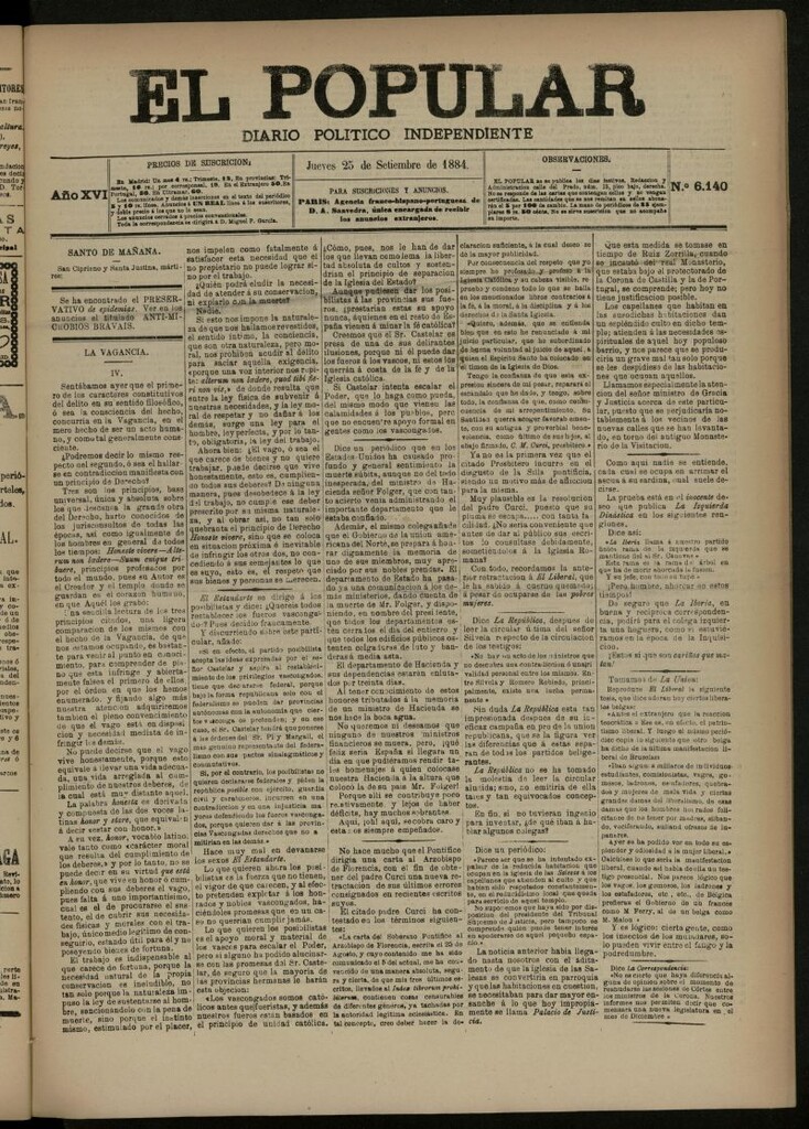Miniatura de El Popular: diario independiente, político, literario y de noticias de interés general del 25 de septiembre de 1884, nº 6140