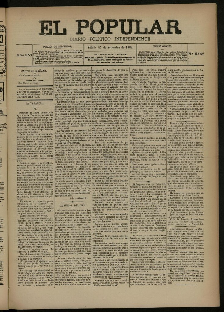 Miniatura de El Popular: diario independiente, político, literario y de noticias de interés general del 27 de septiembre de 1884, nº 6142