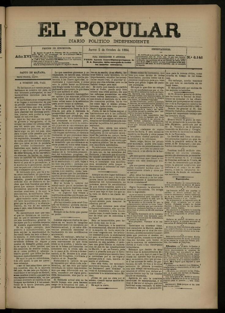 Miniatura de El Popular: diario independiente, político, literario y de noticias de interés general del 2 de octubre de 1884, nº 6146