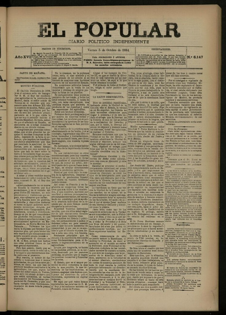 Miniatura de El Popular: diario independiente, político, literario y de noticias de interés general del 3 de octubre de 1884, nº 6147