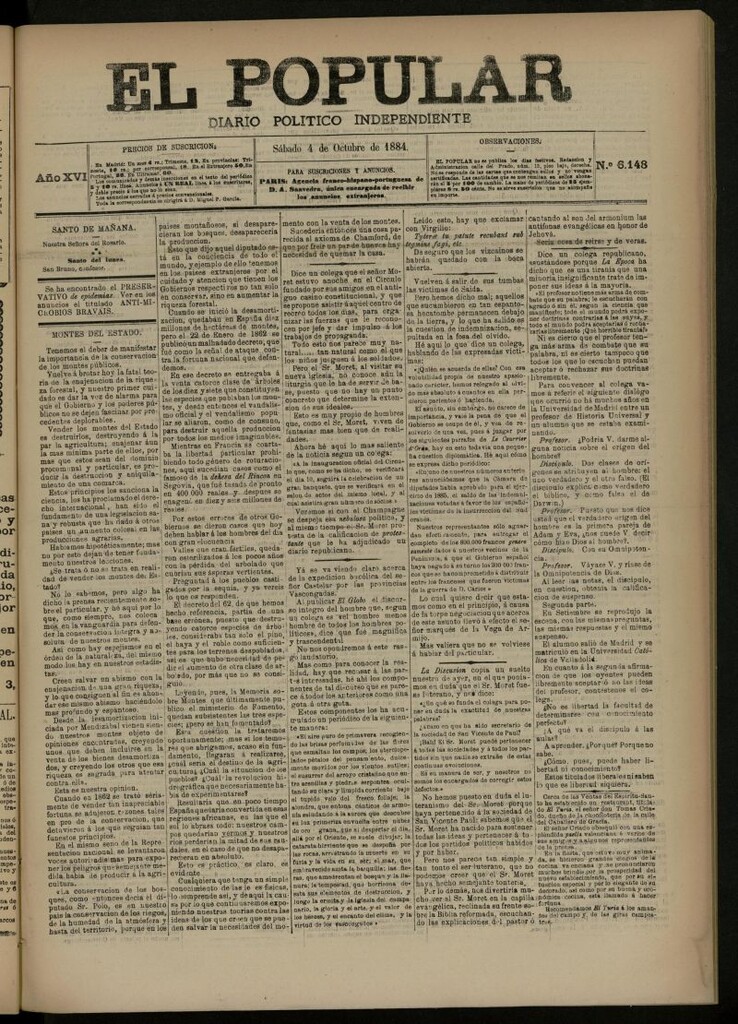 Miniatura de El Popular: diario independiente, político, literario y de noticias de interés general del 4 de octubre de 1884, nº 6148