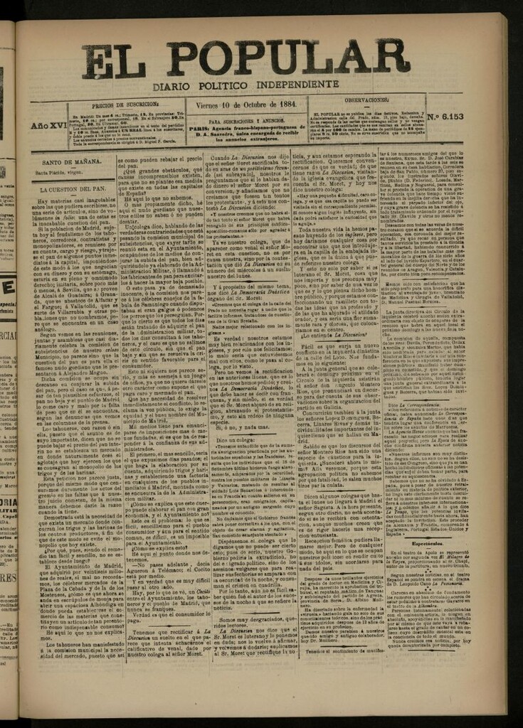 Miniatura de El Popular: diario independiente, político, literario y de noticias de interés general del 10 de octubre de 1884, nº 6153
