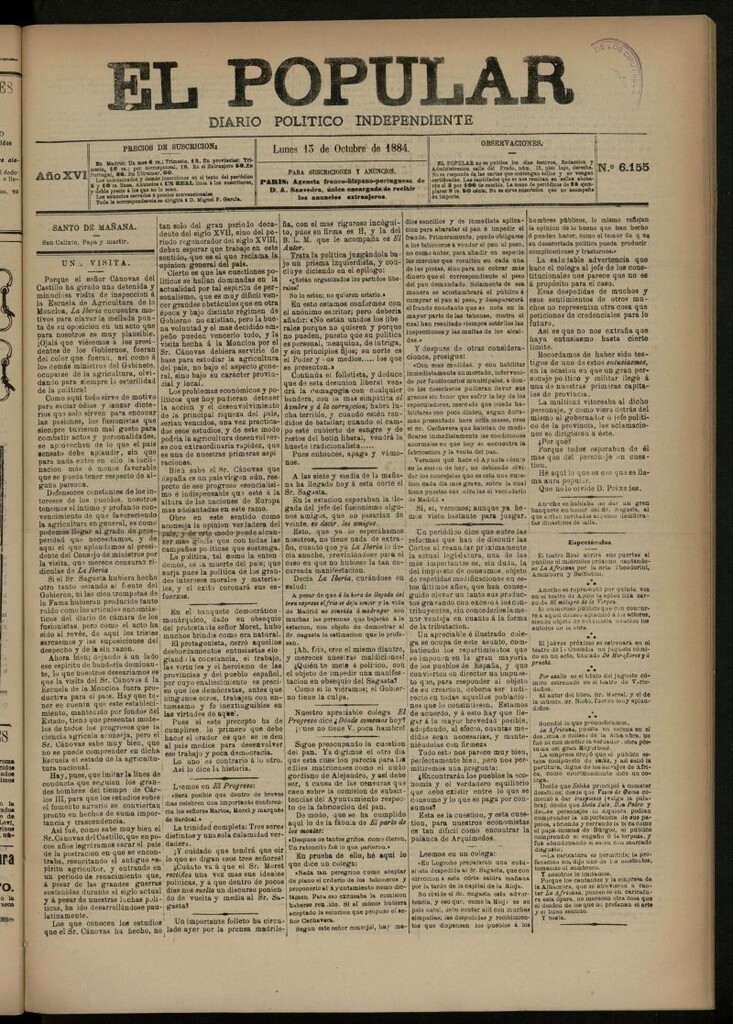 Miniatura de El Popular: diario independiente, político, literario y de noticias de interés general del 13 de octubre de 1884, nº 6155