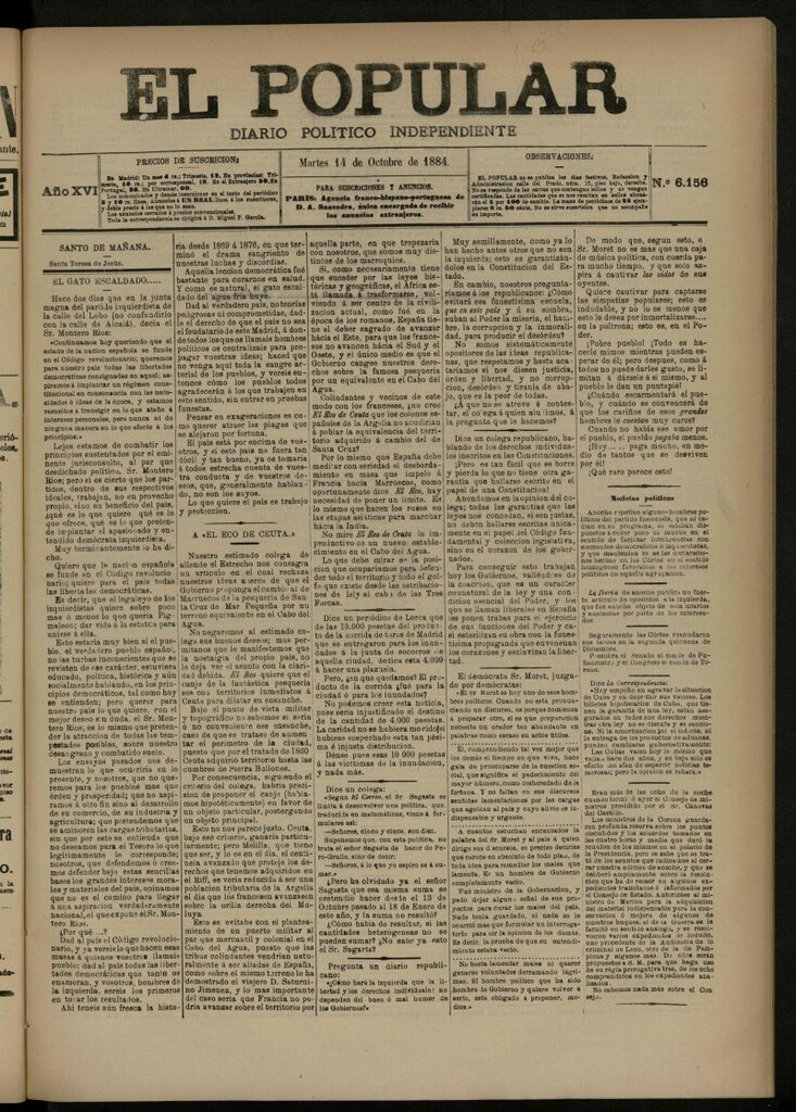 Miniatura de El Popular: diario independiente, político, literario y de noticias de interés general del 14 de octubre de 1884, nº 6156