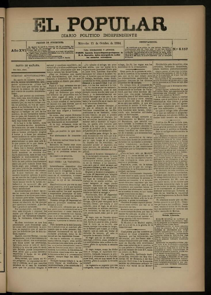 Miniatura de El Popular: diario independiente, político, literario y de noticias de interés general del 15 de octubre de 1884, nº 6157