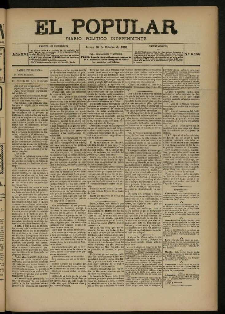 Miniatura de El Popular: diario independiente, político, literario y de noticias de interés general del 16 de octubre de 1884, nº 6158