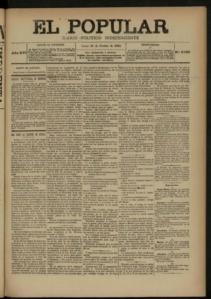Miniatura de El Popular: diario independiente, político, literario y de noticias de interés general del 20 de octubre de 1884, nº 6160