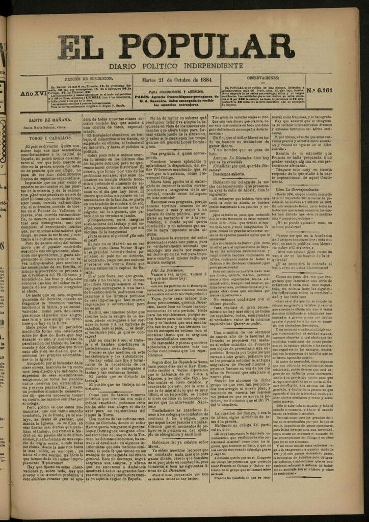 Miniatura de El Popular: diario independiente, político, literario y de noticias de interés general del 21 de octubre de 1884, nº 6161