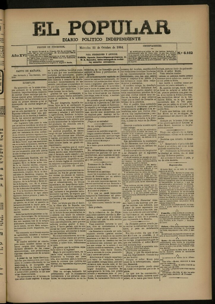 Miniatura de El Popular: diario independiente, político, literario y de noticias de interés general del 22 de octubre de 1884, nº 6162