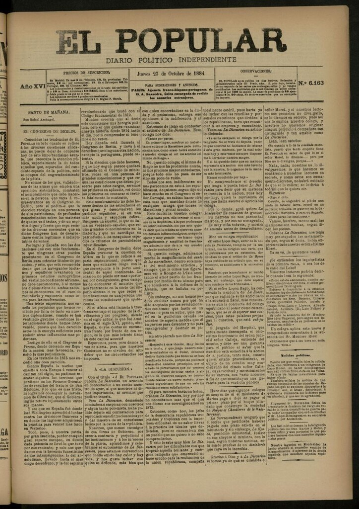 Miniatura de El Popular: diario independiente, político, literario y de noticias de interés general del 23 de octubre de 1884, nº 6163