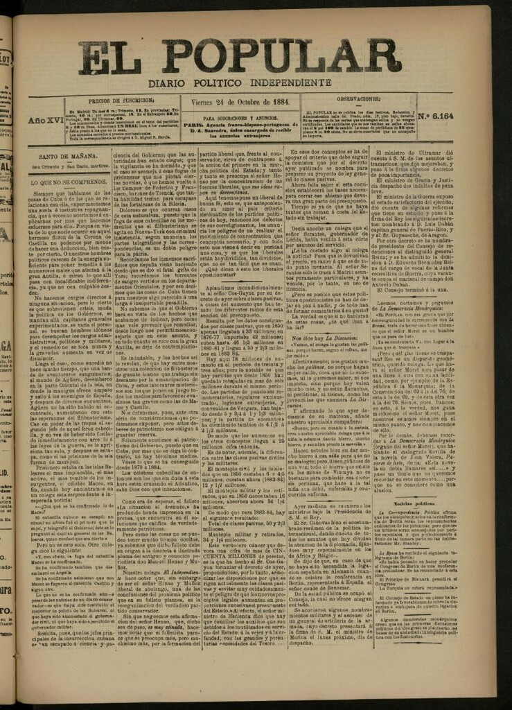 Miniatura de El Popular: diario independiente, político, literario y de noticias de interés general del 24 de octubre de 1884, nº 6164