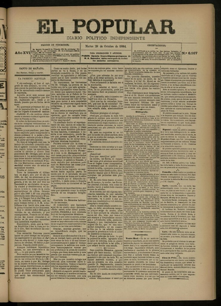Miniatura de El Popular: diario independiente, político, literario y de noticias de interés general del 28 de octubre de 1884, nº 6167