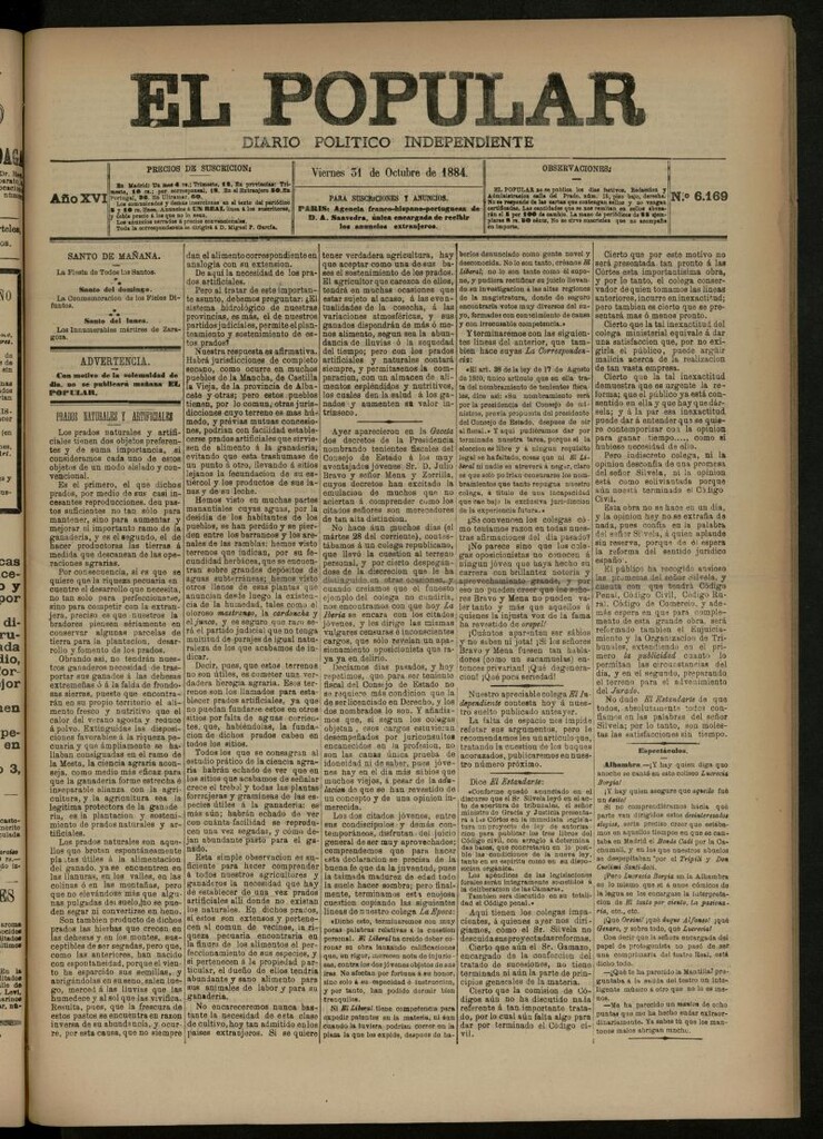 Miniatura de El Popular: diario independiente, político, literario y de noticias de interés general del 31 de octubre de 1884, nº 6169