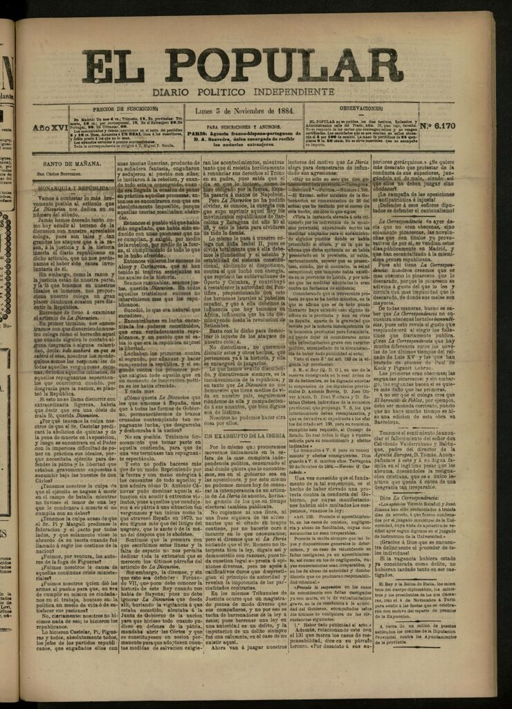 Miniatura de El Popular: diario independiente, político, literario y de noticias de interés general del 3 de noviembre de 1884, nº 6170