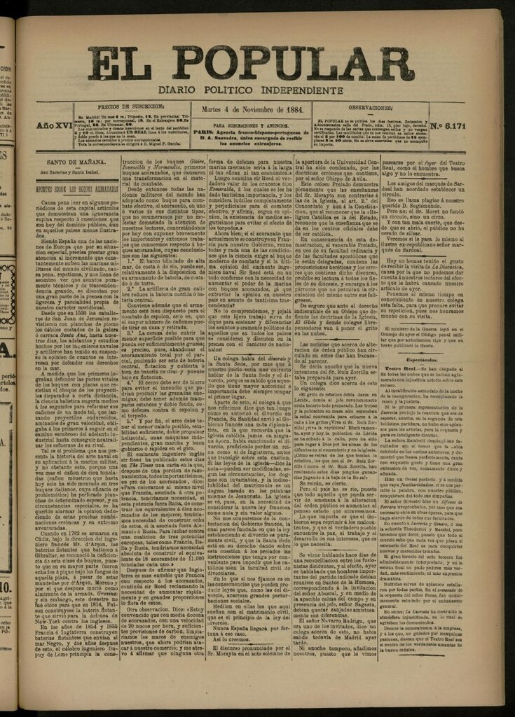 Miniatura de El Popular: diario independiente, político, literario y de noticias de interés general del 4 de noviembre de 1884, nº 6171