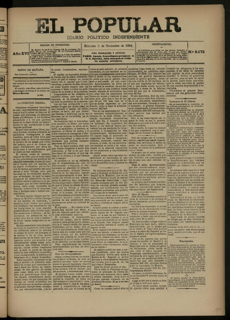 Miniatura de El Popular: diario independiente, político, literario y de noticias de interés general del 5 de noviembre de 1884, nº 6172