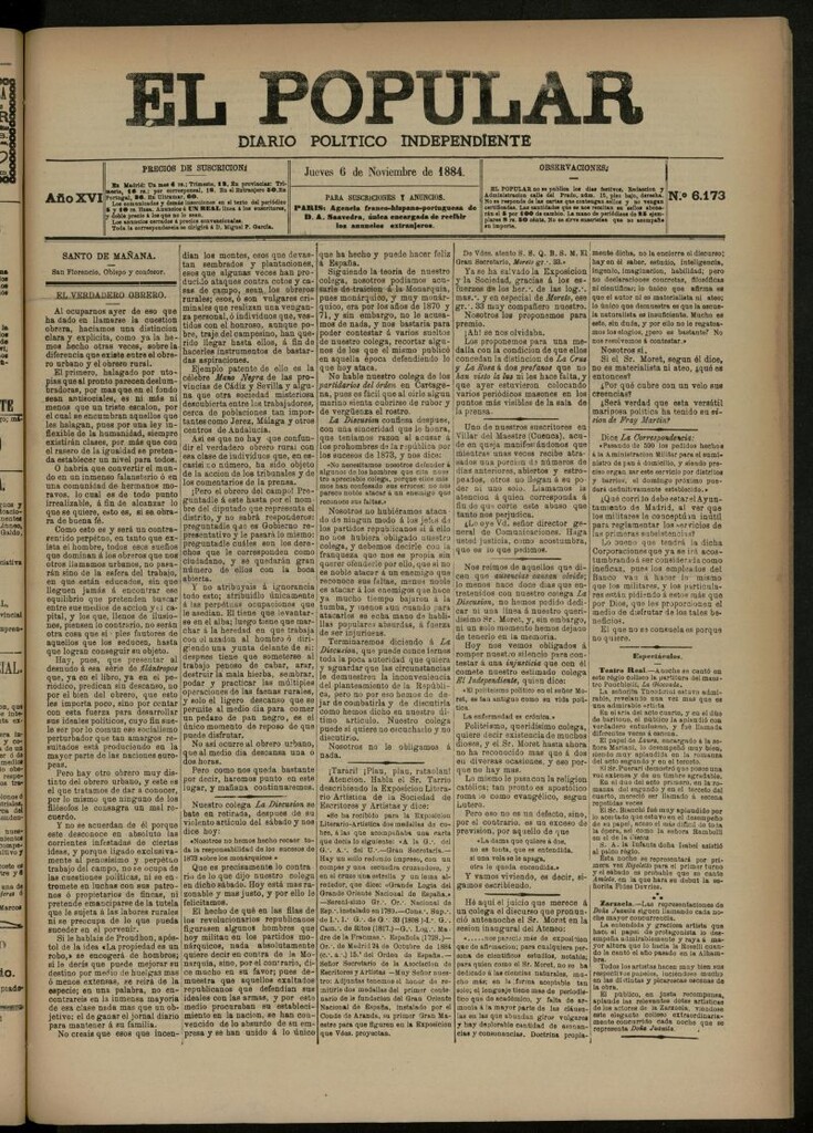Miniatura de El Popular: diario independiente, político, literario y de noticias de interés general del 6 de noviembre de 1884, nº 6173