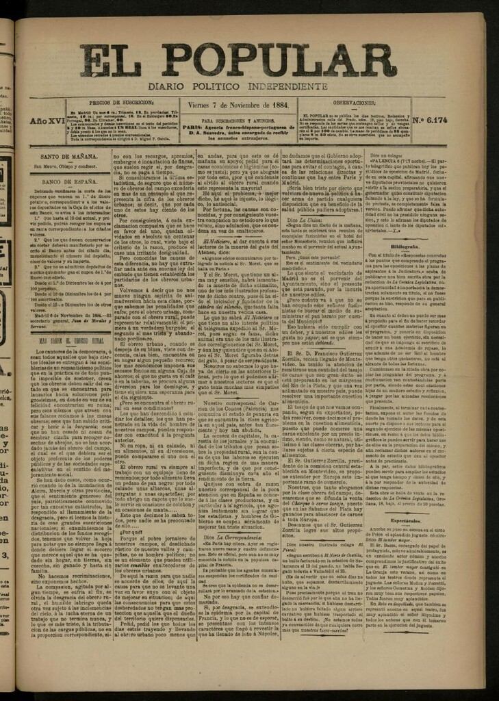 Miniatura de El Popular: diario independiente, político, literario y de noticias de interés general del 7 de noviembre de 1884, nº 6174