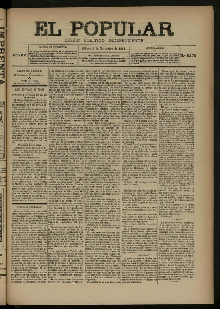 Miniatura de El Popular: diario independiente, político, literario y de noticias de interés general del 8 de noviembre de 1884, nº 6175