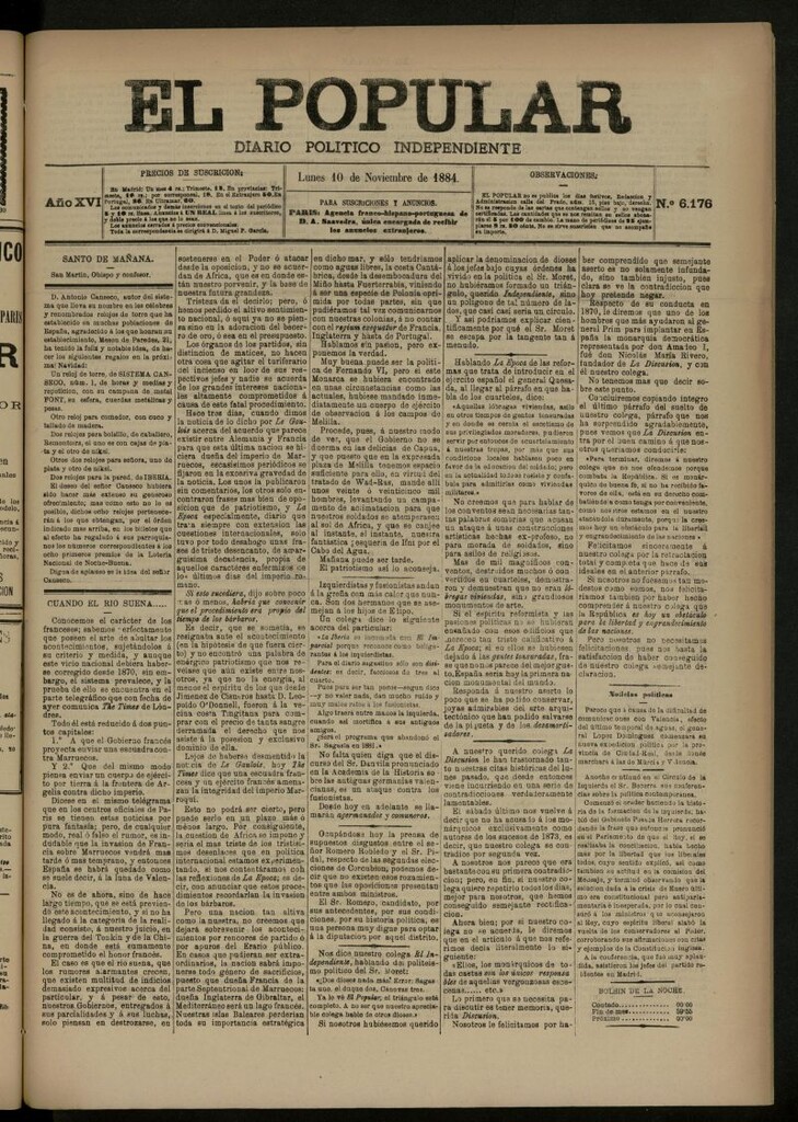 Miniatura de El Popular: diario independiente, político, literario y de noticias de interés general del 10 de noviembre de 1884, nº 6176