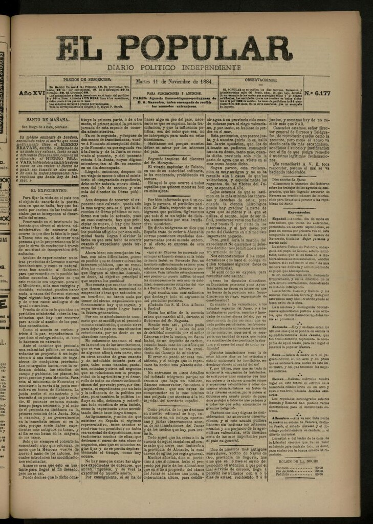 Miniatura de El Popular: diario independiente, político, literario y de noticias de interés general del 11 de noviembre de 1884, nº 6177