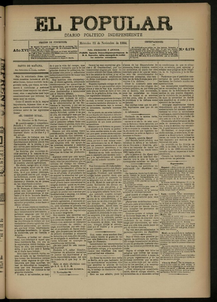 Miniatura de El Popular: diario independiente, político, literario y de noticias de interés general del 12 de noviembre de 1884, nº 6178