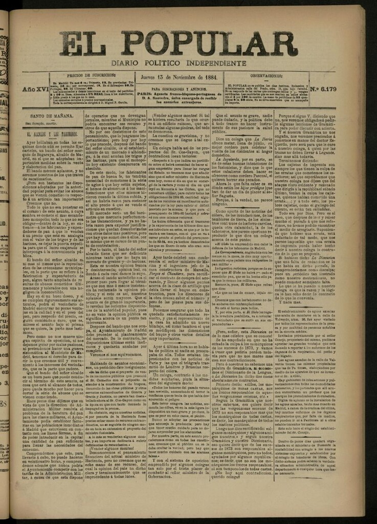 Miniatura de El Popular: diario independiente, político, literario y de noticias de interés general del 13 de noviembre de 1884, nº 6179