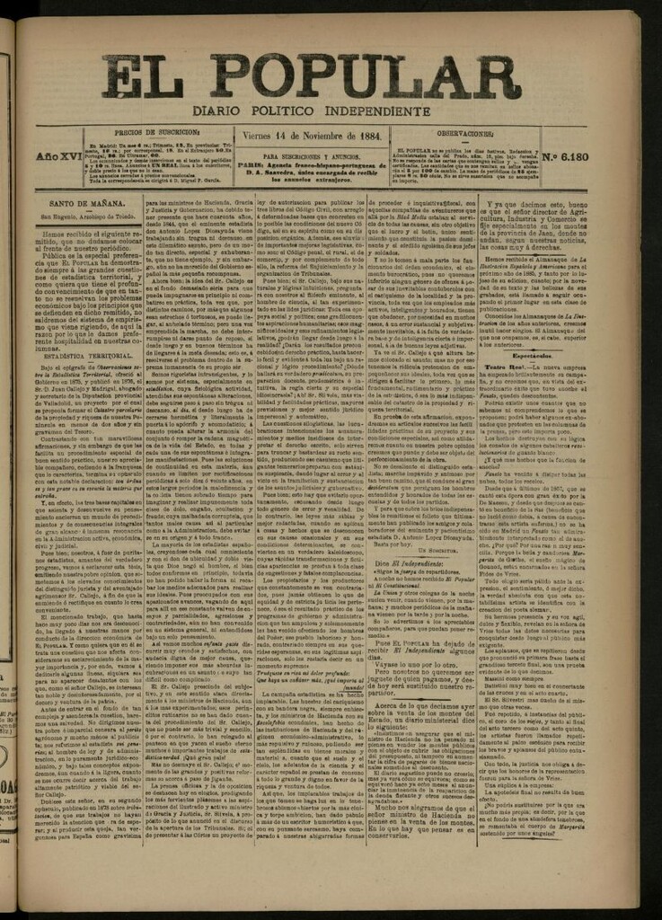Miniatura de El Popular: diario independiente, político, literario y de noticias de interés general del 14 de noviembre de 1884, nº 6180