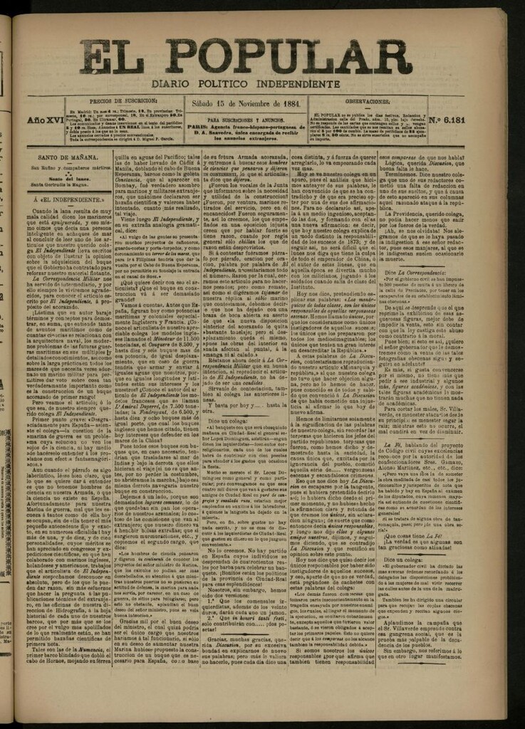 Miniatura de El Popular: diario independiente, político, literario y de noticias de interés general del 15 de noviembre de 1884, nº 6181
